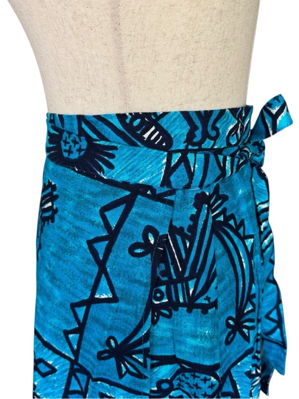 Vintage 1960s Tiki Tapa Designs Blue Barkcloth Hawaiian Maxi Wrap Skirt NWT - Picture 7 of 10